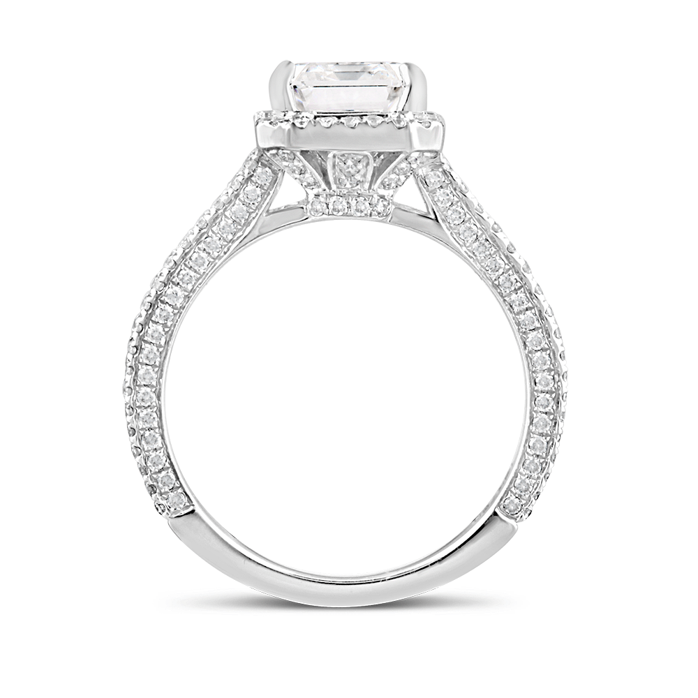 White Gold Emerald Halo Split Band Diamond Engagement Ring - Ecali