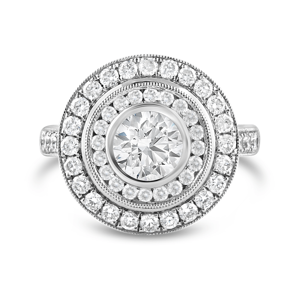White Gold Bezel Set Double Halo Diamond Engagement Ring - Ecali
