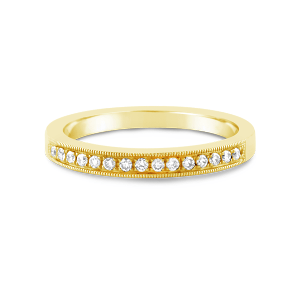 Yellow Gold Milgrain Finish Bead Set Diamond Ring - Ecali