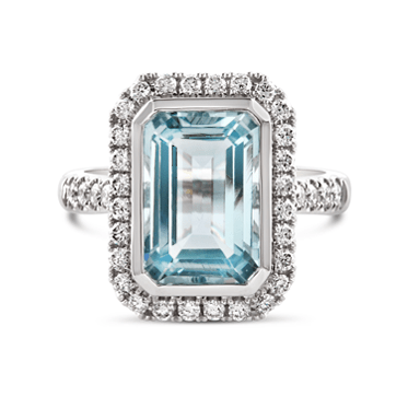 White Gold Emerald Cut Aquamarine & Diamond Halo Ring - Ecali