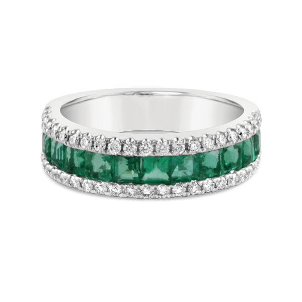 White Gold Emerald & Diamond Edge Ring - Ecali
