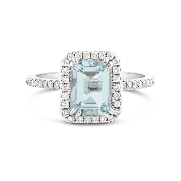 White Gold Emerald Cut Aquamarine & Diamond Halo Ring - Ecali